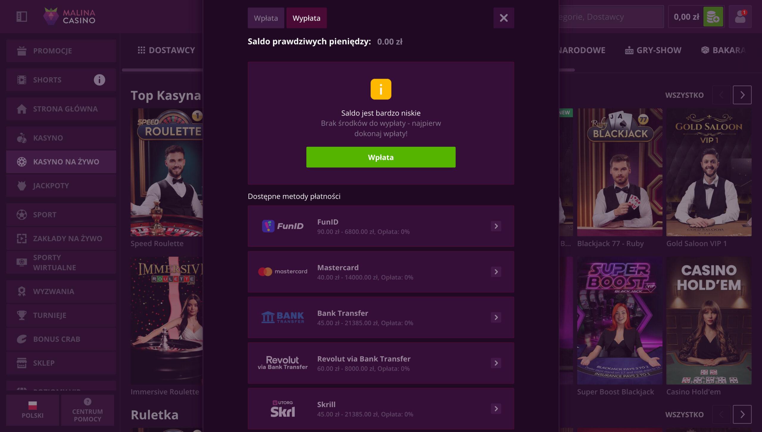 Kasyno Malina Metody wypłaty